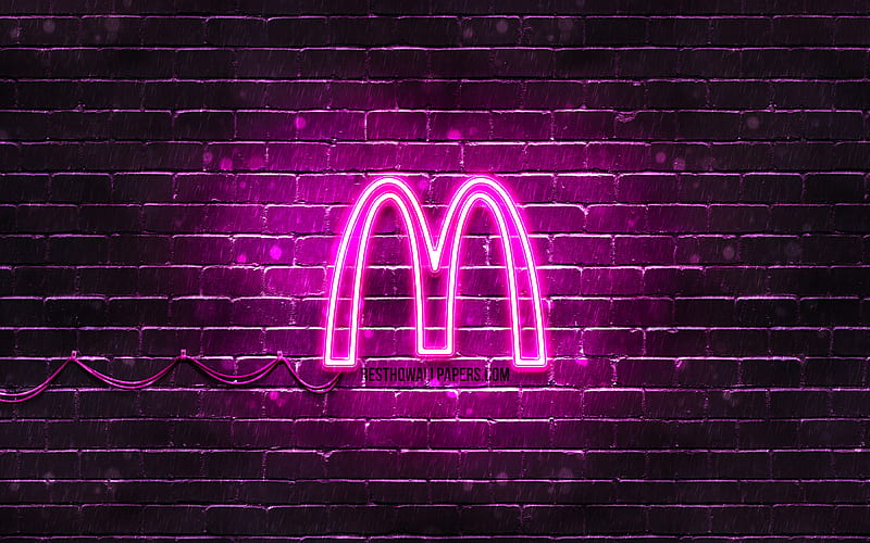 McDonalds purple logo purple brickwall, McDonalds logo, brands, McDonalds neon logo, McDonalds, HD wallpaper