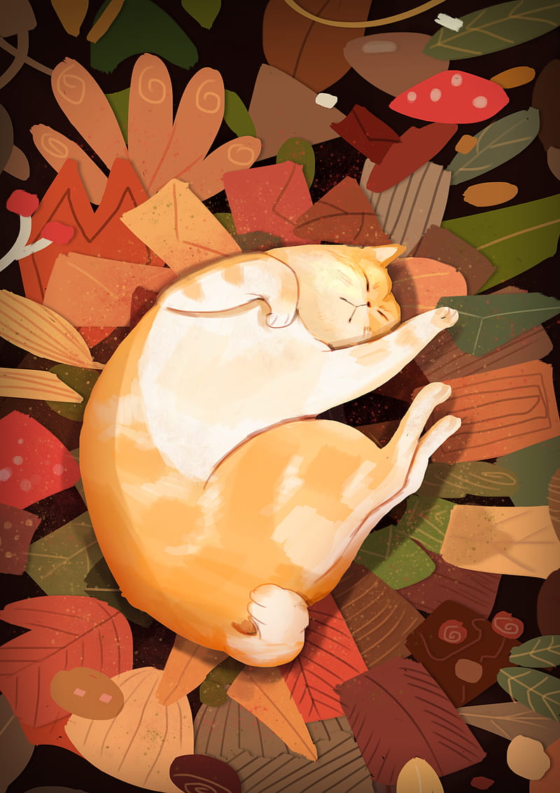 cat, lazy, funny, leaves, HD phone wallpaper
