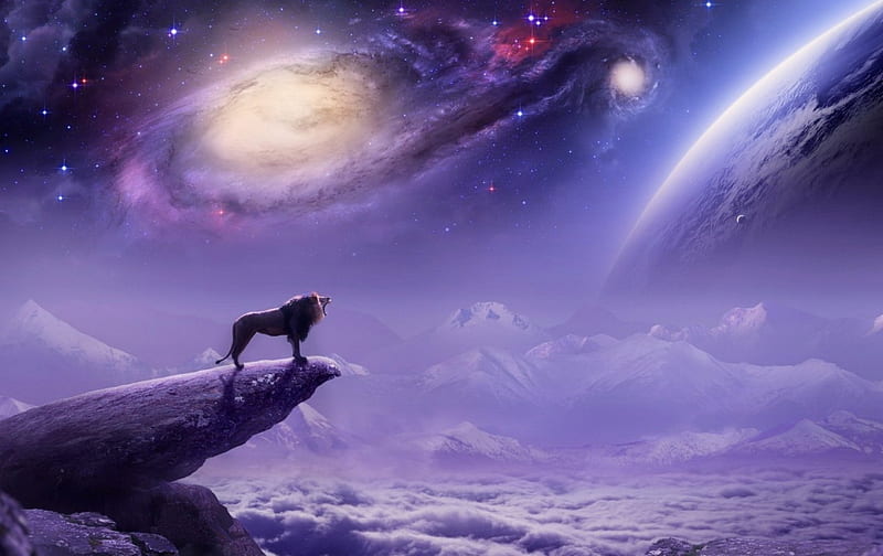 Fantasy, cloud, purple, planet, pink, lion, galaxy, HD wallpaper