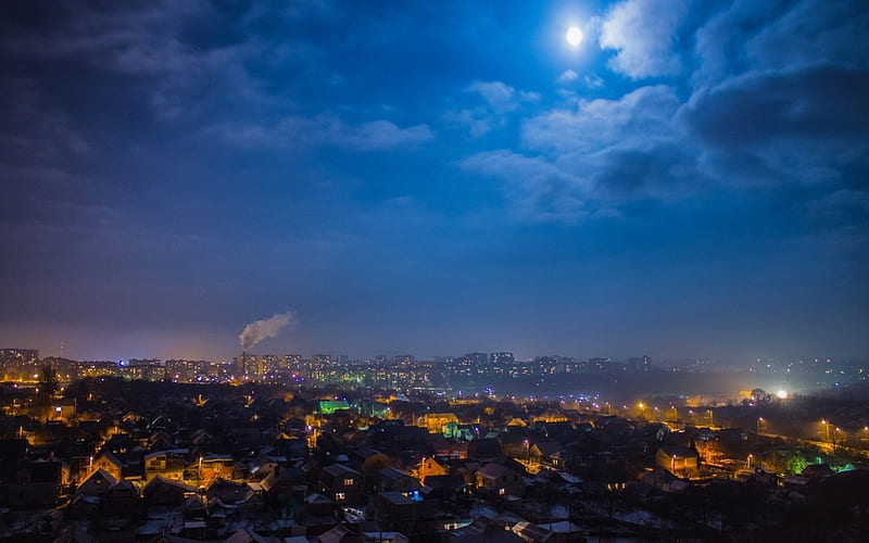 moonlit night over a vast city, city, moon, clouds, lights, HD wallpaper