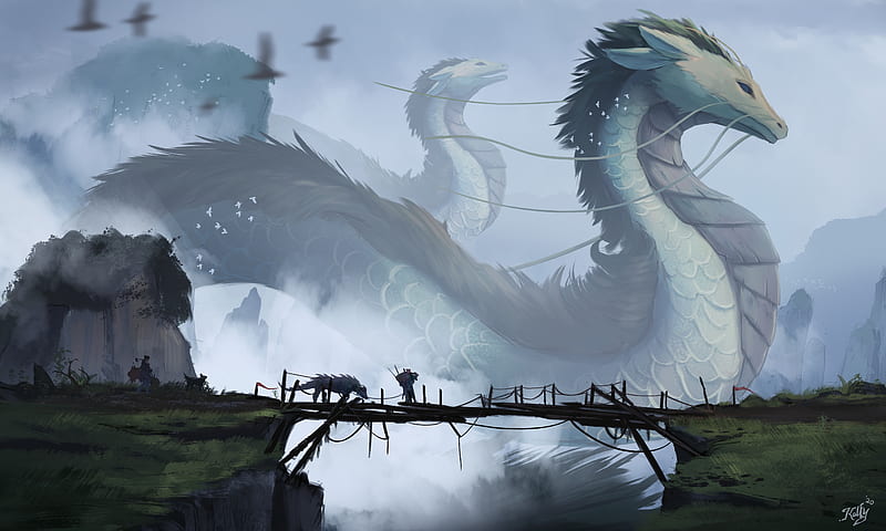 white dragon, majestic, bridge, fantasy creature, Fantasy, HD wallpaper
