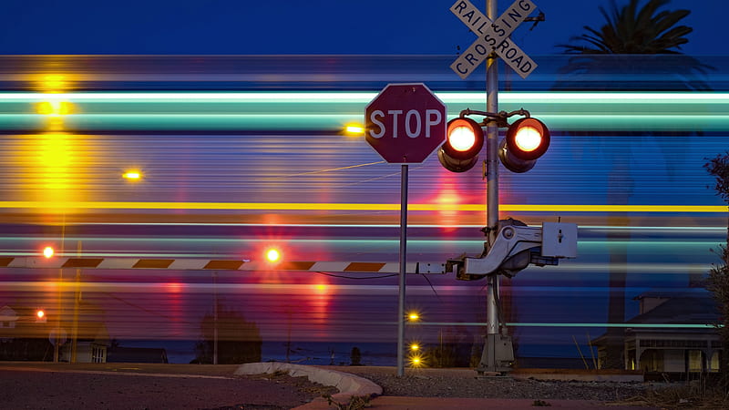 Rail Lights, lights Train, stop, railroad crossing, entropy, palm tree, HD wallpaper