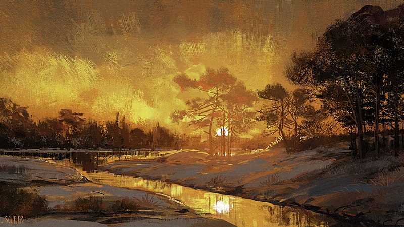 Sunset on the Lake Drawing, HD wallpaper