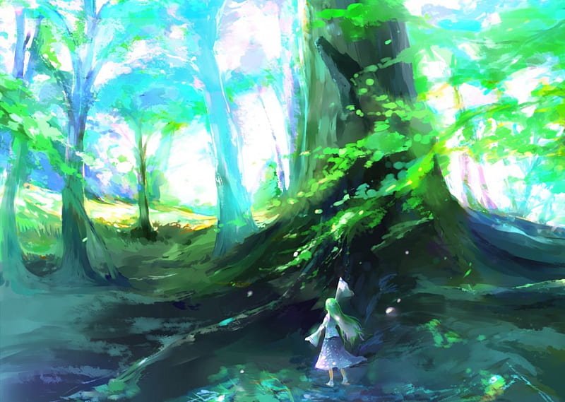 The old tree, forest, art, scenic, view, manga, tree, girl, green, anime, HD wallpaper