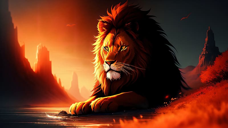 diffusion red lion, rocks, cat hills, red, alart, lion, HD wallpaper