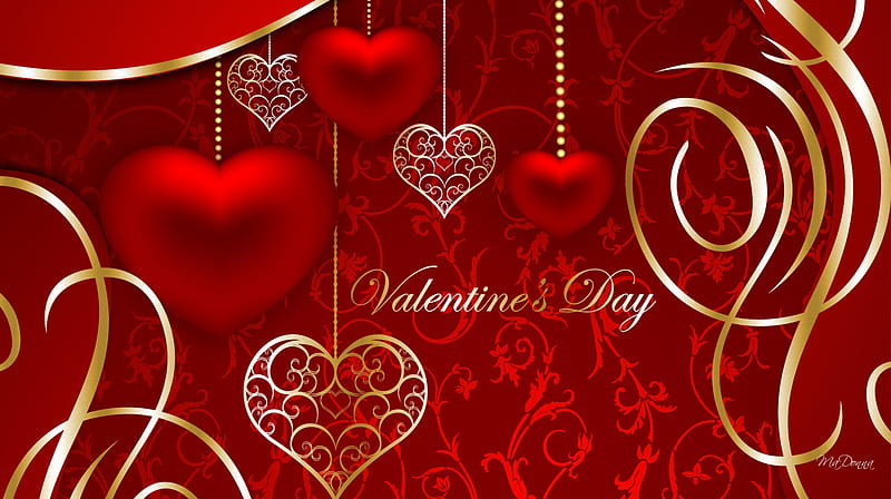Remember the Day, valentines day, gold, romantic, streamers, corazones, abstract, HD wallpaper
