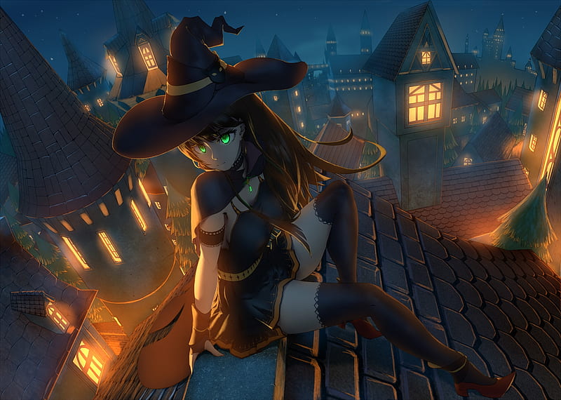 Shibuya Rin, witch, halloween, black, lights, hat, jay zhang, idolmaster, blue, night, HD wallpaper