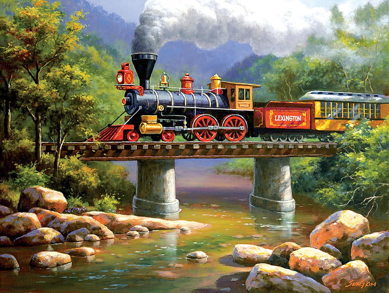 The Lexington Express, rocks, train, bridge, mountains, steam, river, locomotove, artwork, painting, HD wallpaper