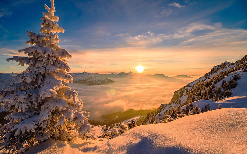 winter landscape, mountains, sunset, clouds from above, mountain landscape, snow, winter, HD wallpaper