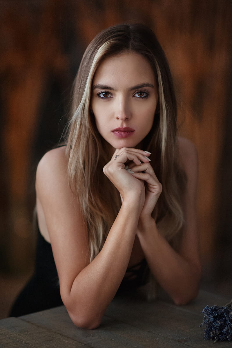 Maxim Maximov, women, Victoria Lukina, brunette, long hair, looking at viewer, rings, makeup, lipstick, brown eyes, white nails, portrait, table, bare shoulders, HD phone wallpaper