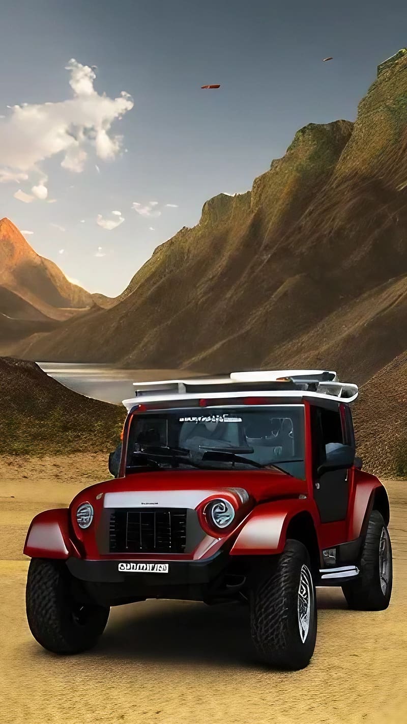 Mahindra Thar Ka, Mountains Background, mahindra thar ke, red car, HD phone wallpaper