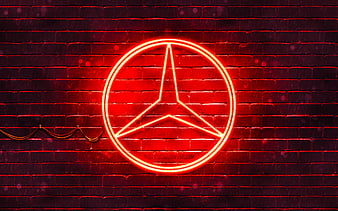 Mercedes-Benz red logo red brickwall, Mercedes-Benz logo, cars brands, Mercedes logo, Mercedes-Benz neon logo, Mercedes-Benz, HD wallpaper