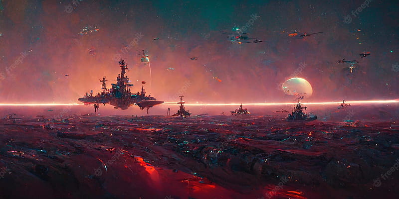 Premium . Futuristic scifi battle space ships hover over an acid ocean of an alien planet, 3D render, HD wallpaper