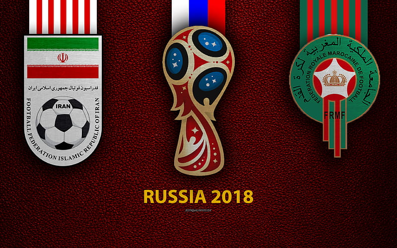 Iran vs Morocco match opening, football, logos, 2018 FIFA World Cup, Russia 2018, burgundy leather texture, Russia 2018 logo, cup, Iran, Morocco, national teams, football match, HD wallpaper
