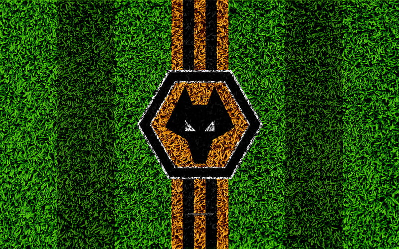 Wolverhampton Wanderers FC football lawn, logo, emblem, English football club, orange black lines, Football League Championship, grass texture, Wolverhampton, UK, England, football, Wolves FC, HD wallpaper