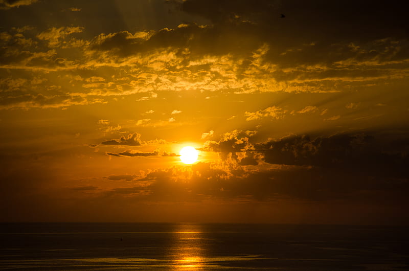 sun, sunset, horizon, sea, glare, HD wallpaper