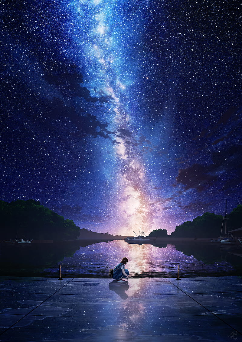 anime girls, landscape, night, night sky, lake, anime, HD phone wallpaper