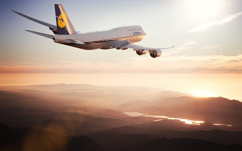Boeing 747, airplane in the sky, sunset, evening sky, passenger airplane, Lufthansa, Boeing, HD wallpaper