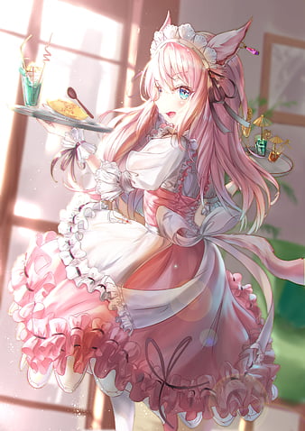 nekomimi, anime girl, cute, pink hair, mad dress, cafe, dessert, animal ears, Anime, HD mobile wallpaper