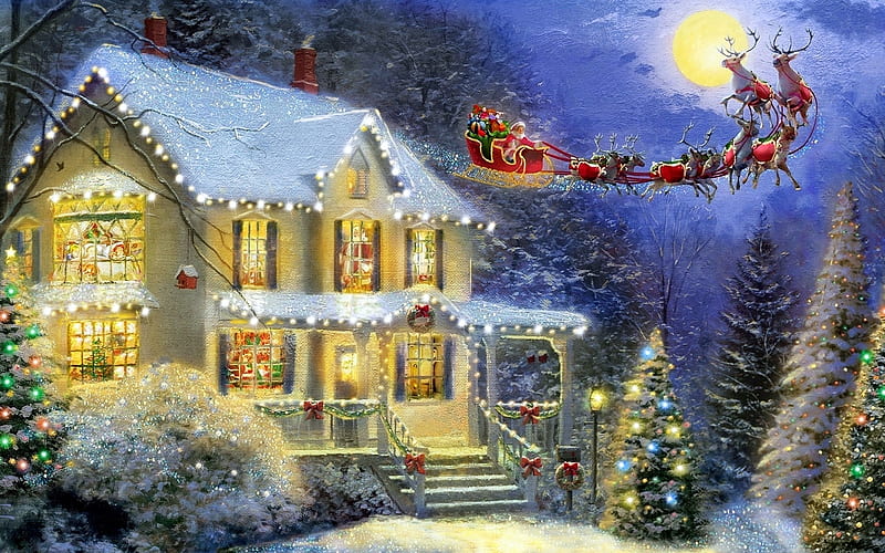 Early Morning Christmas Delivery, sleigh, santa, moon, tree, snow, christmas, decorations, lights, HD wallpaper