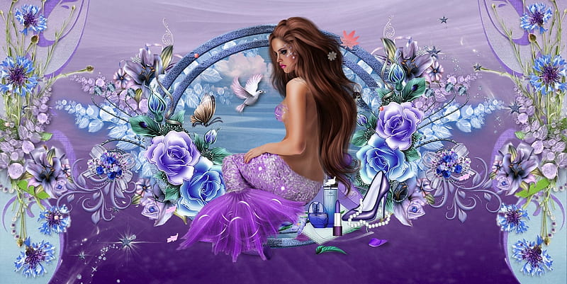 BEAUTIFUL MERMAID, BLUE, MERMAID, FEMALE, PURPLE, FLOWERS, HD wallpaper