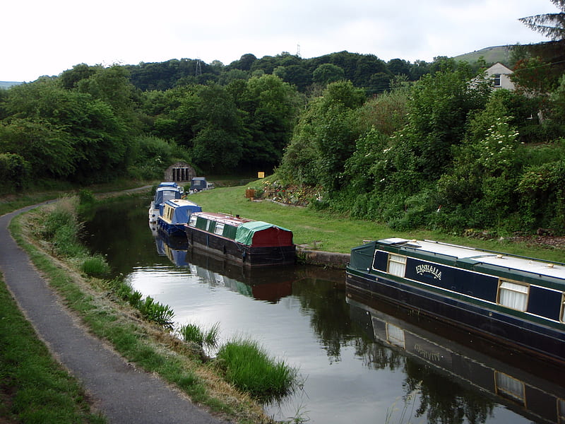 Gilwern, brecon, reflections, canal, narrow boats, HD wallpaper
