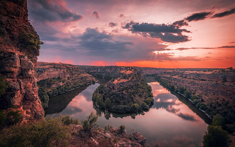 Duraton River, evening, sunset, canyon, beautiful river, Segovia, Spain, Hoces del Río Duraton Natural Park, HD wallpaper