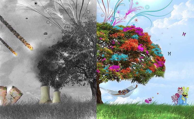Which world do you prefer??, cartoons, world, toxic, grass, barrels, green, people, gris, flowers, distruction, blue, burn, pic, polution, colors, sky, wall, happy, fire, tree, 3d, digital, nature, HD wallpaper