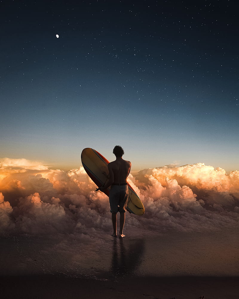 Surfing Clouds, beach, blue, clouds, dream, sky, space, stars, surfer, surfing, travel, HD phone wallpaper
