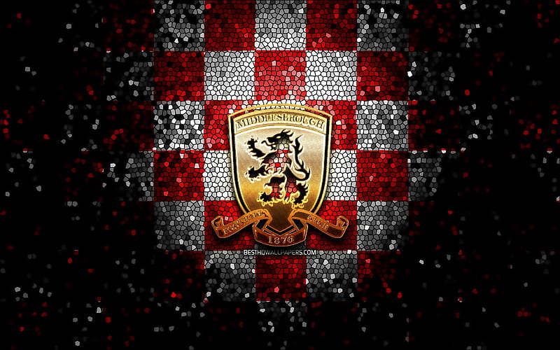Middlesbrough FC, glitter logo, EFL Championship, red white checkered background, soccer, english football club, Middlesbrough logo, mosaic art, football, Middlesbrough, HD wallpaper