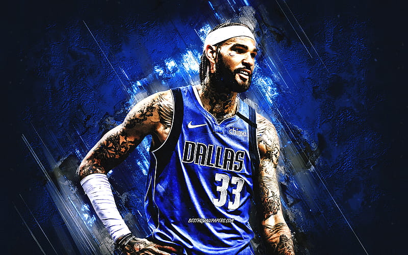 Willie Cauley Stein, Dallas Mavericks, NBA, American basketball player, blue stone background, USA, basketball, HD wallpaper