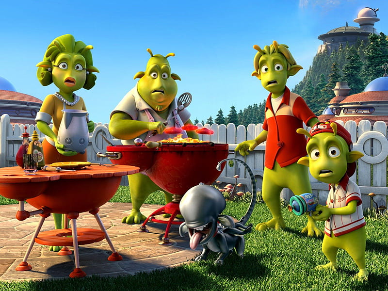 Funny, family, aliens, barbeque, backyard, HD wallpaper