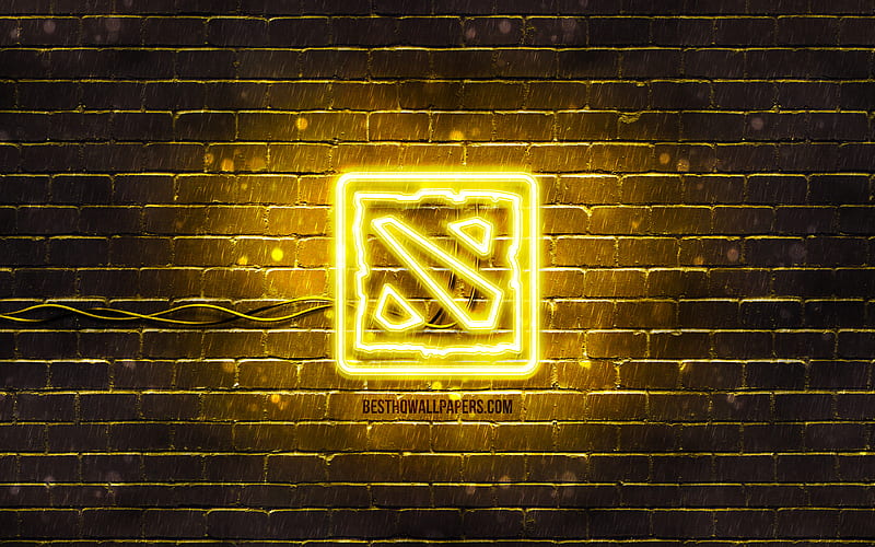 Dota 2 yellow logo yellow brickwall, Dota 2 logo, artwork, Dota 2 neon logo, Dota 2, HD wallpaper