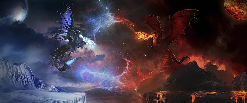 Ice Vs Fire Dragon Fight Resolution , Fantasy , , and Background, 3440X1440 Dragon, HD wallpaper