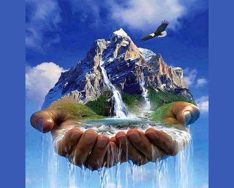 Handle with care, hands, mountain, hold, water, eagle, HD wallpaper