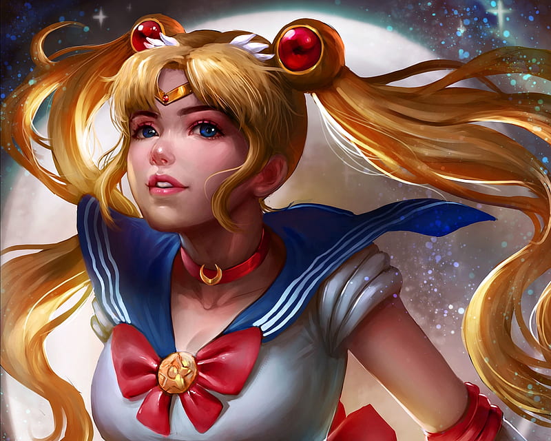 Sailor Moon, red, moon, luminos, manga, yellow, blonde, bow, moon, girl, norman de mesa, anime art, white, blue, HD wallpaper