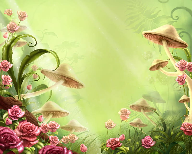 Flowers and mushrooms, luminos, green, rose, mushroom, flower, summer, pink, trandafir, HD wallpaper