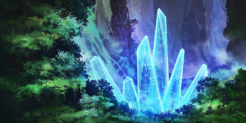 anime landscape, crystals, underground, scenic, trees, Anime, HD wallpaper