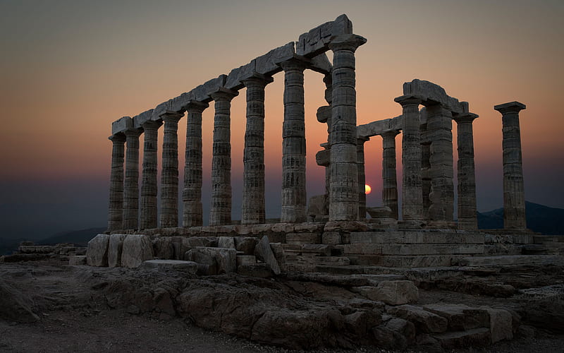 Sounion, Temple of Poseidon, sunset, ruins Greek temple, Greece, landmarks, HD wallpaper