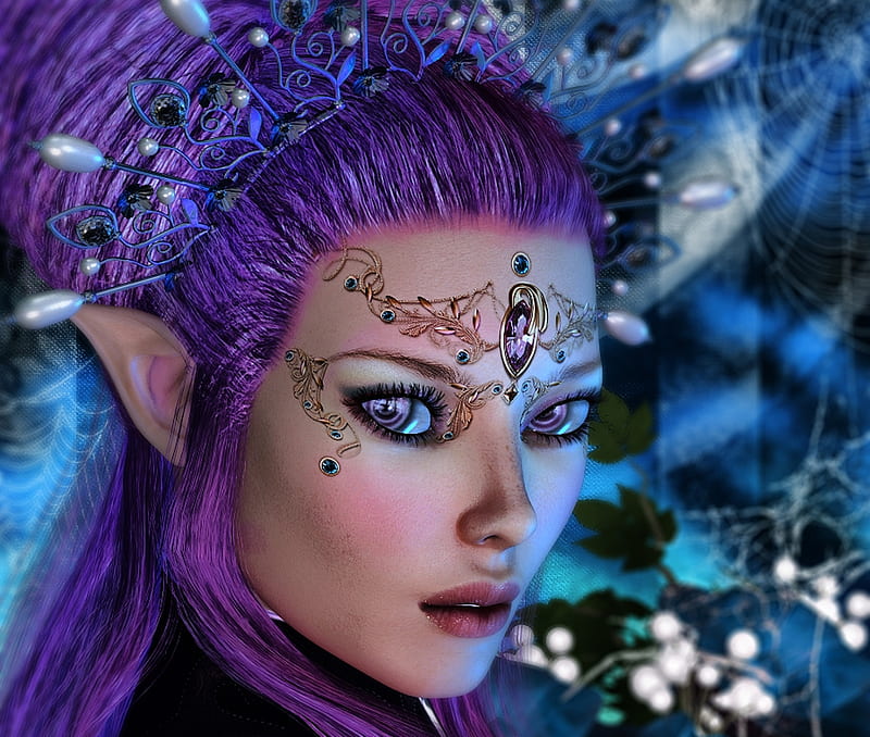 The Queen of the Mystic Forest, purple, queen, face, pink, fairy, frumusete, luminos, elf, lexana, fantasy, jewel, HD wallpaper
