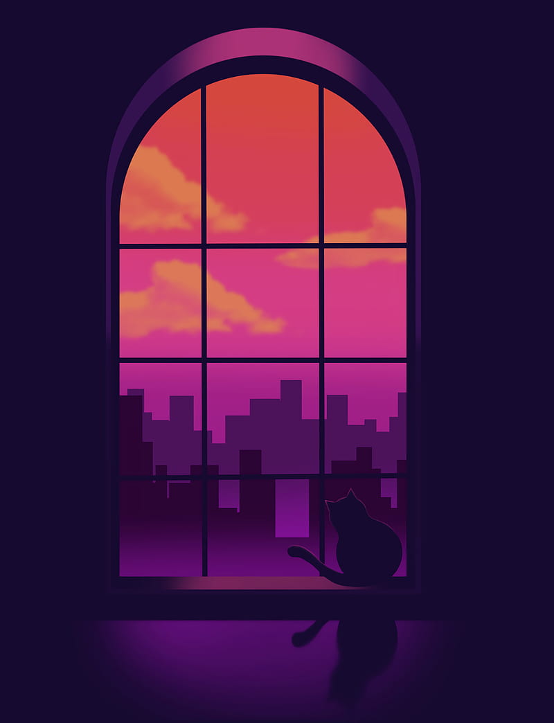 Window, Cat, Silhouettes, Buildings, Purple, Art, Hd Phone Wallpaper 