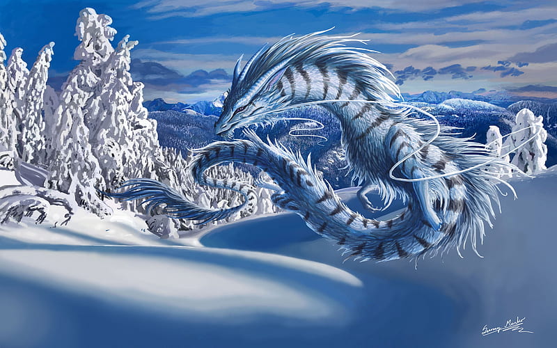 Eastern Snow Dragon, trees, dragon, winter, fly, fantasy, snow, flying, white, blue, HD wallpaper