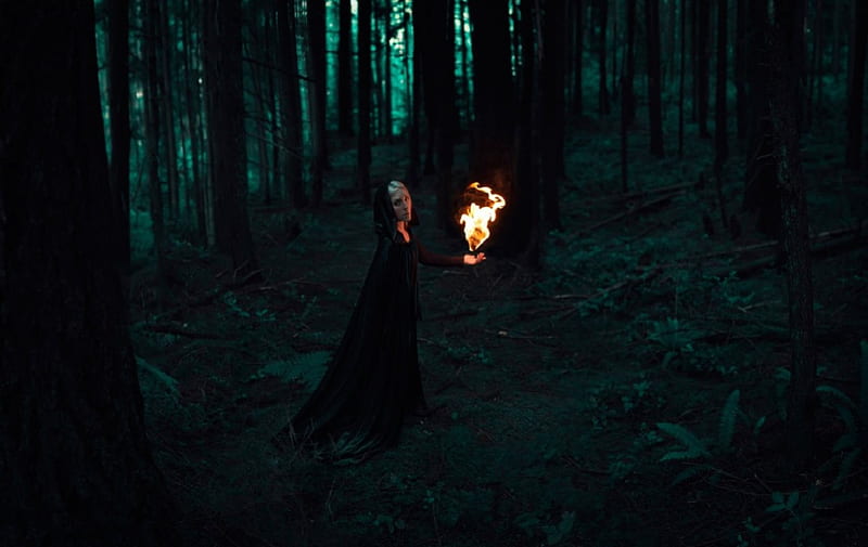 Lighting The Way, witch, forest, fire, dark, magic, HD wallpaper