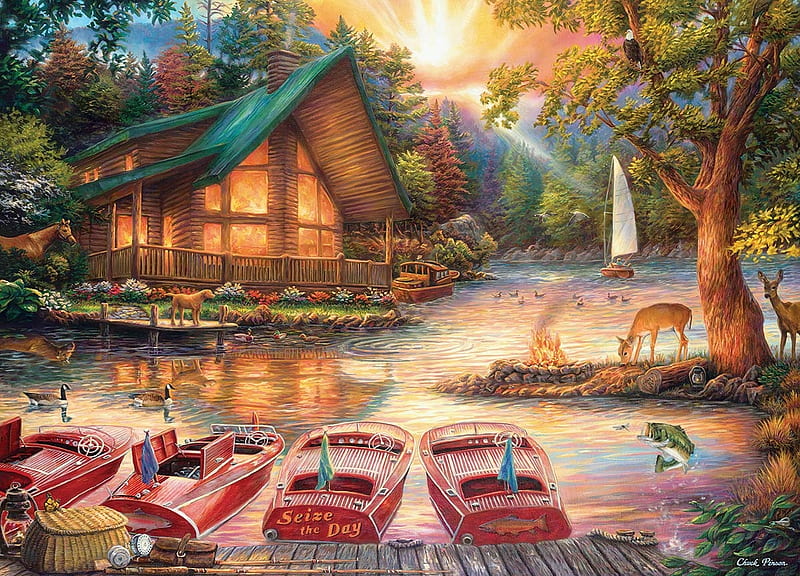 Seize the Day, canoes, lake, deer, painting, cabin, lights, HD wallpaper