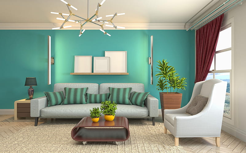 living room project, turquoise walls in the living room, modern interior design, living room, creative chandelier, modern classic style interior, HD wallpaper