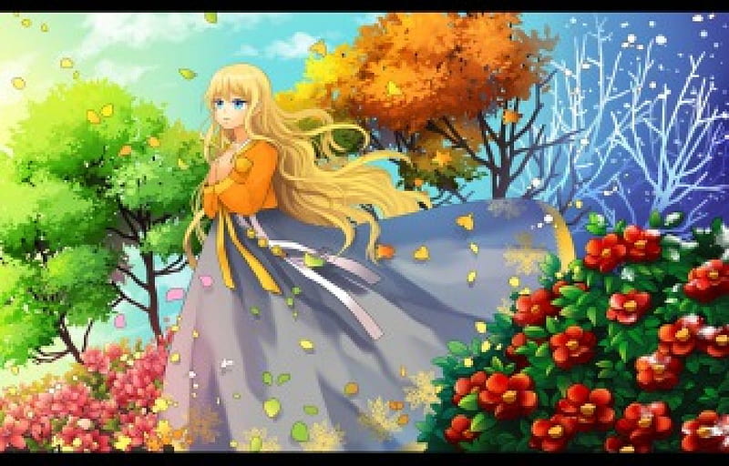 Fresh Air, pretty, plant, breeze, sweet, floral, nice, anime, beauty, anime girl, long hair, lovely, gown, wind, blonde, windy, maiden, scenic dress, blond, bonito, elegant, leaves, blossom, scenery, gorgeous, female, blonde hair, blond hair, leaf, tree, girl, flower, petals, nature, lady, scene, HD wallpaper