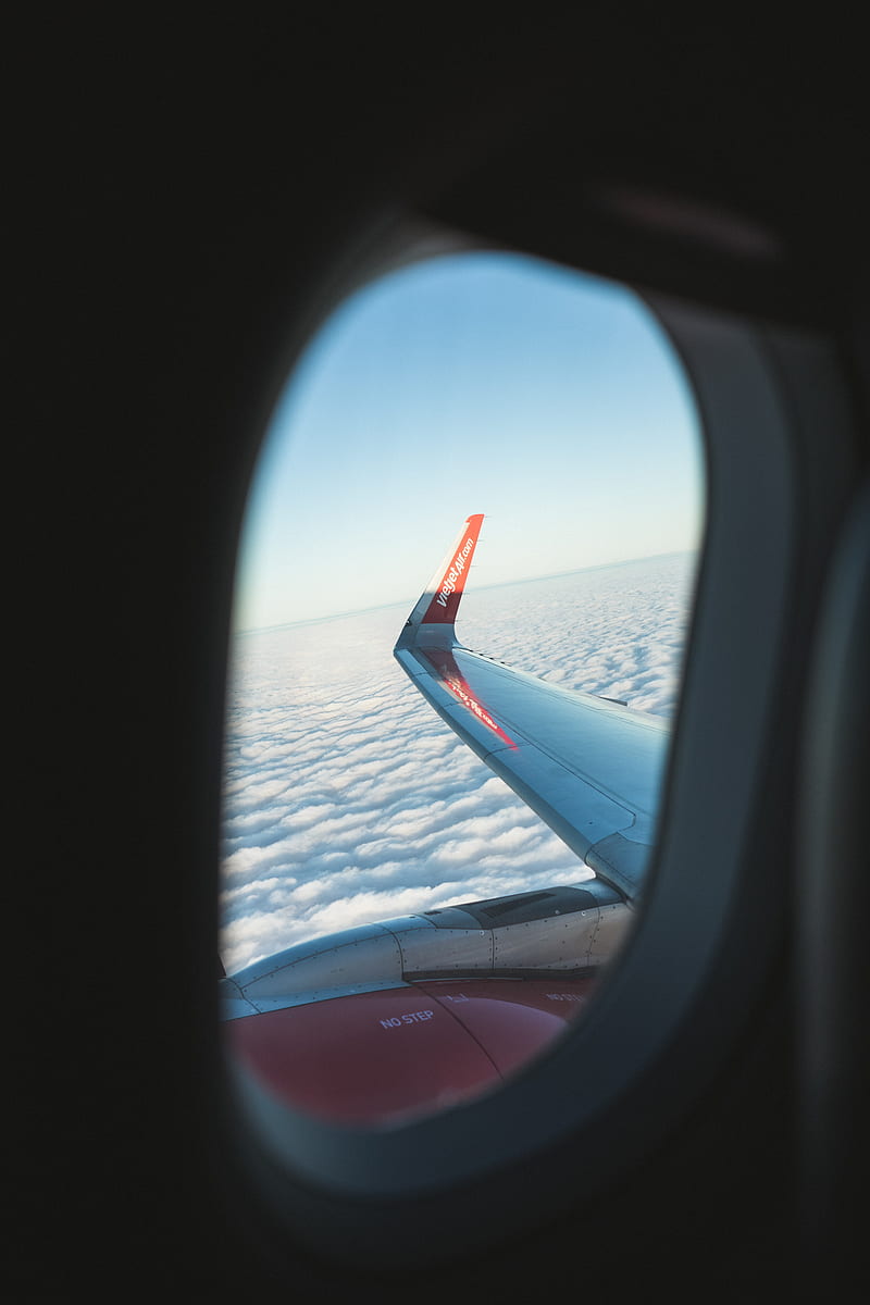 porthole, window, plane, wing, clouds, view, HD phone wallpaper