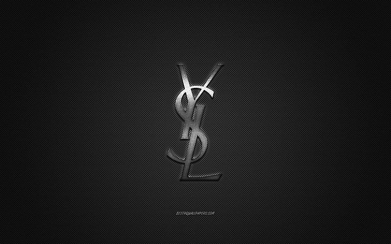 Yves Saint Laurent logo, metal emblem, apparel brand, black carbon texture, global apparel brands, Yves Saint Laurent, fashion concept, Yves Saint Laurent emblem, HD wallpaper
