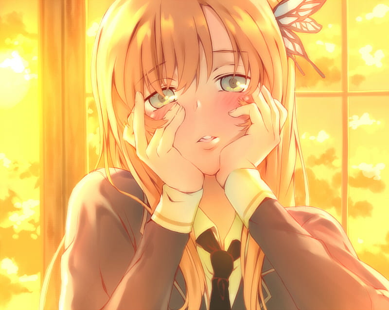 Anime cutie, cute, annime, butterfly, girl, green eyes, sunset, HD wallpaper