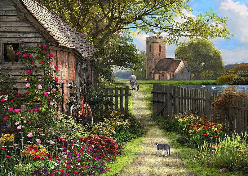 Old Church Path, fence, painting, bicycle, flowers, shed, cat, artwork, door, HD wallpaper